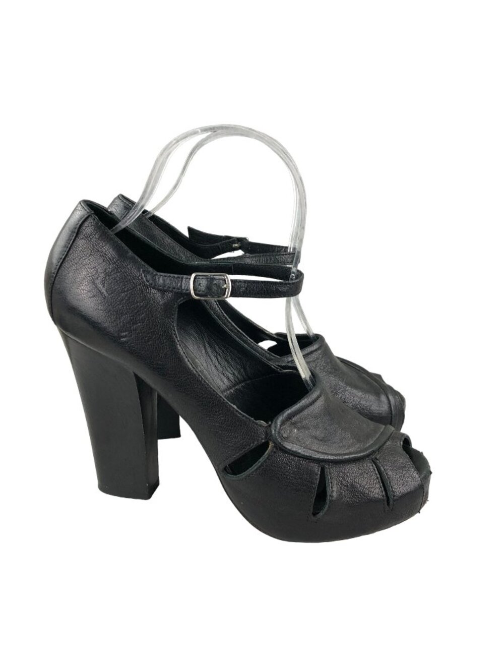 Chloe Women's EU 39.5 (US 9.5) Black Leather Peep Toe High Heel Pumps ITALY